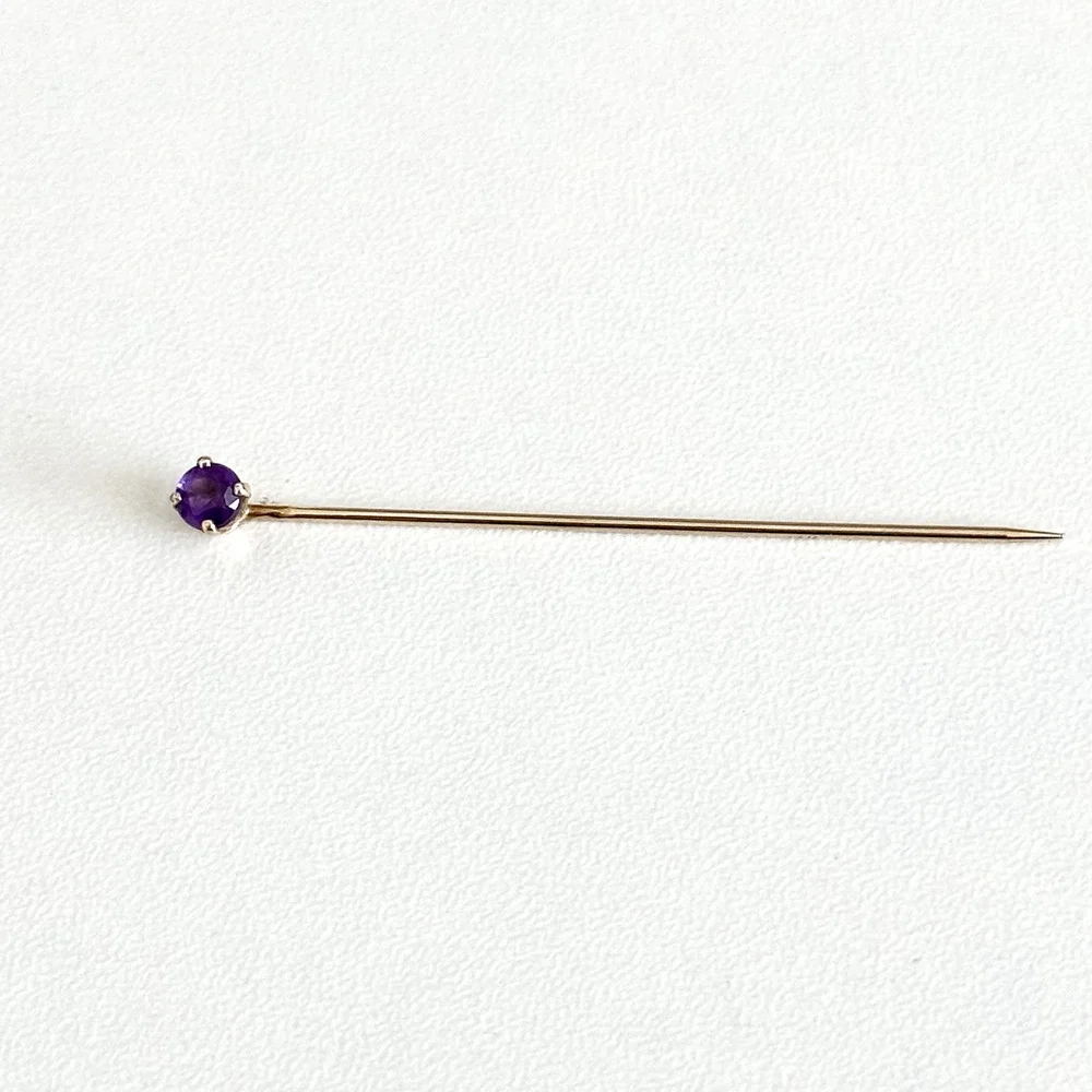14K Yellow Gold Genuine Amethyst Gemstone Ladies Slim Stick Pin 2